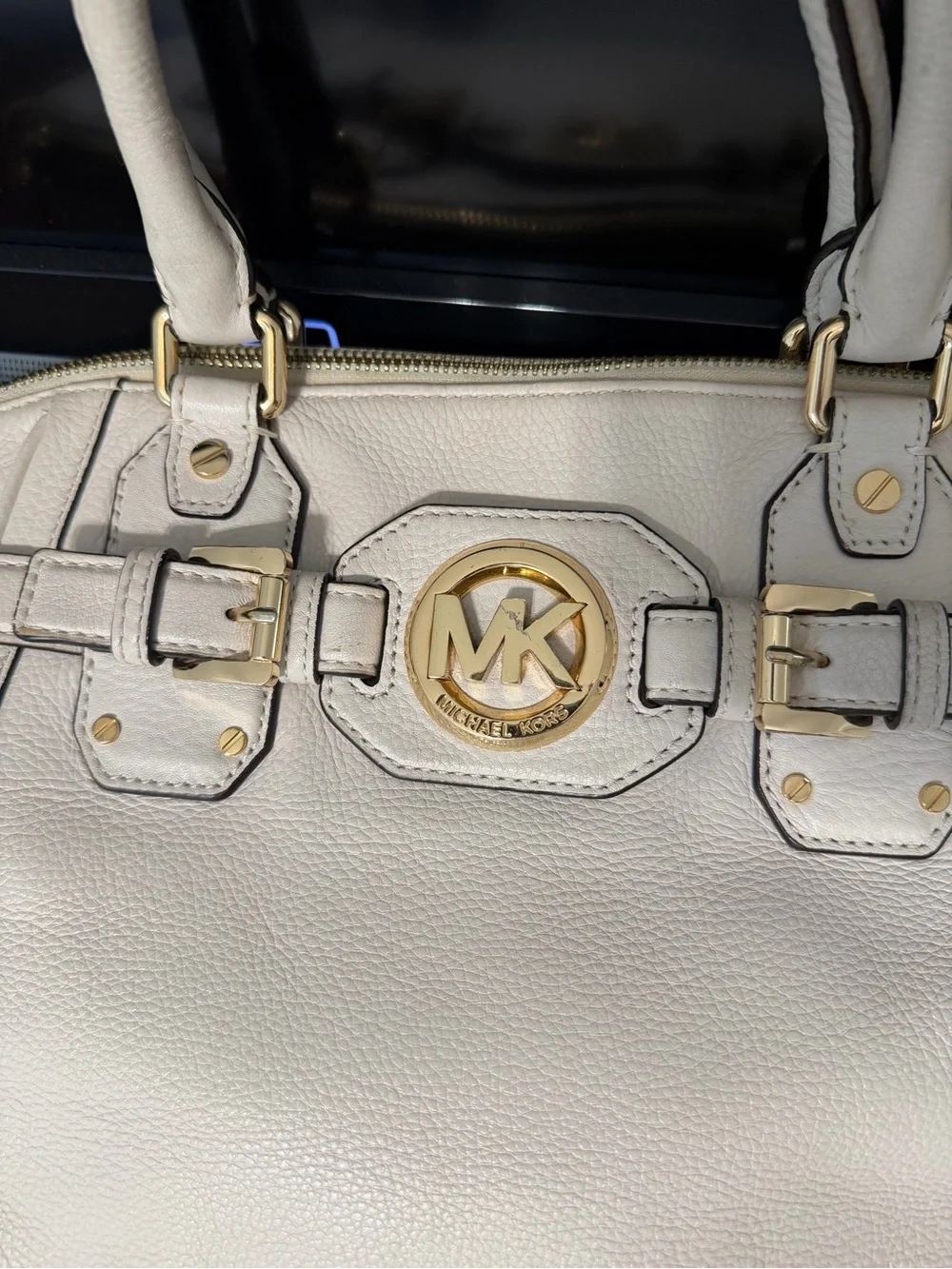 Michael Kors Cream Leather Satchel with Gold MK Emblem